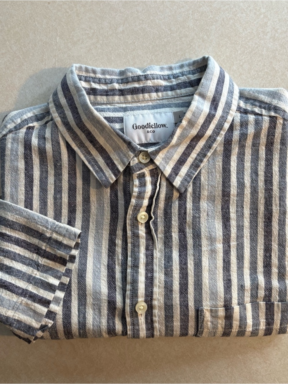 Goodfellow & Co Men's Blue, Grey & White Striped Button-Down Short Sleeve Shirt
